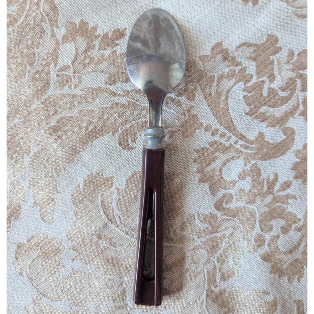 Vintage Stainless Serving Spoon Brown Bakelite Plastic Handle Mid Century MCM